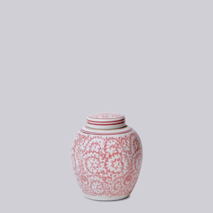 Red and White Porcelain Scrolling Peony Round Jar