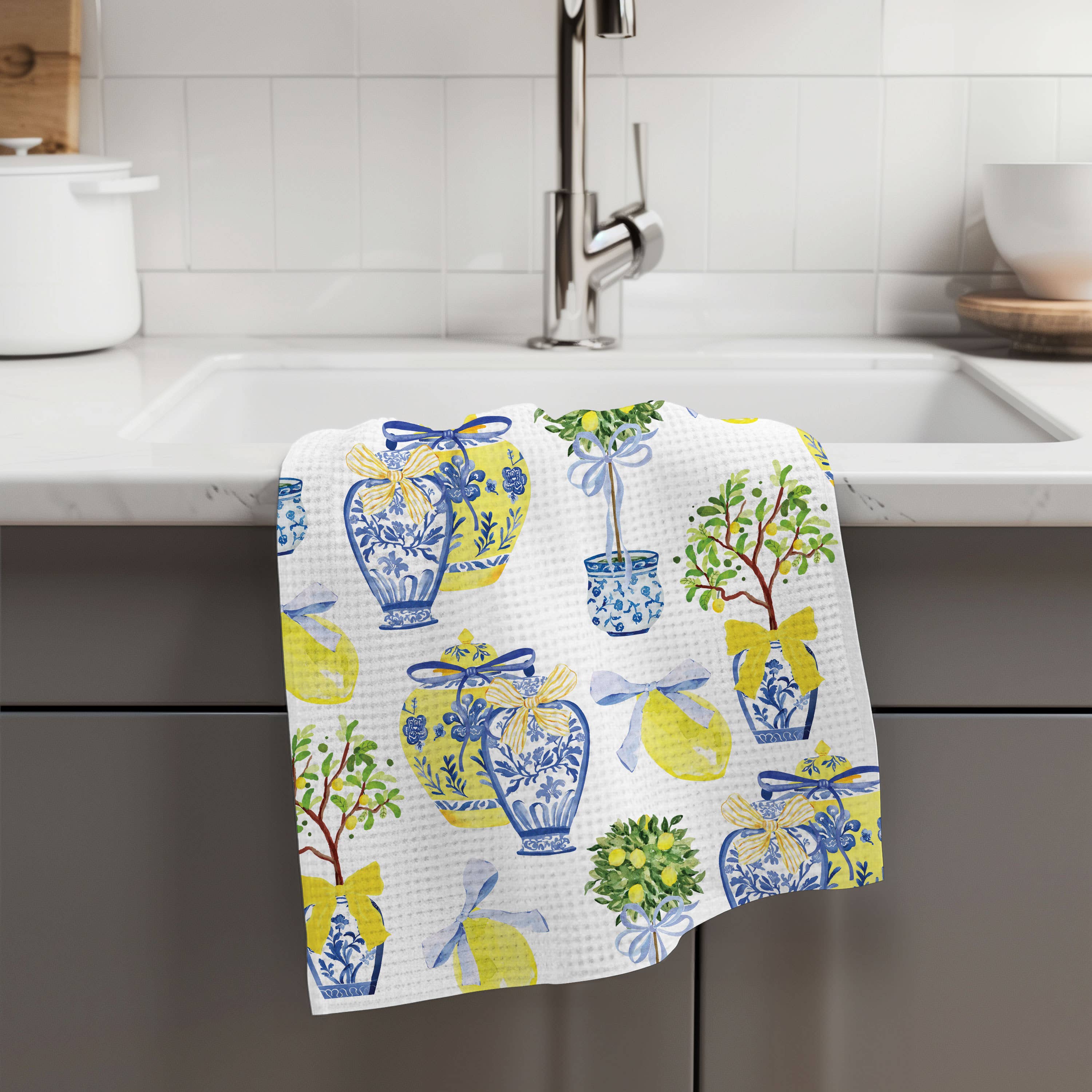Lemon Chinoiserie Citrus Summer Fruit Kitchen Towel Waffle