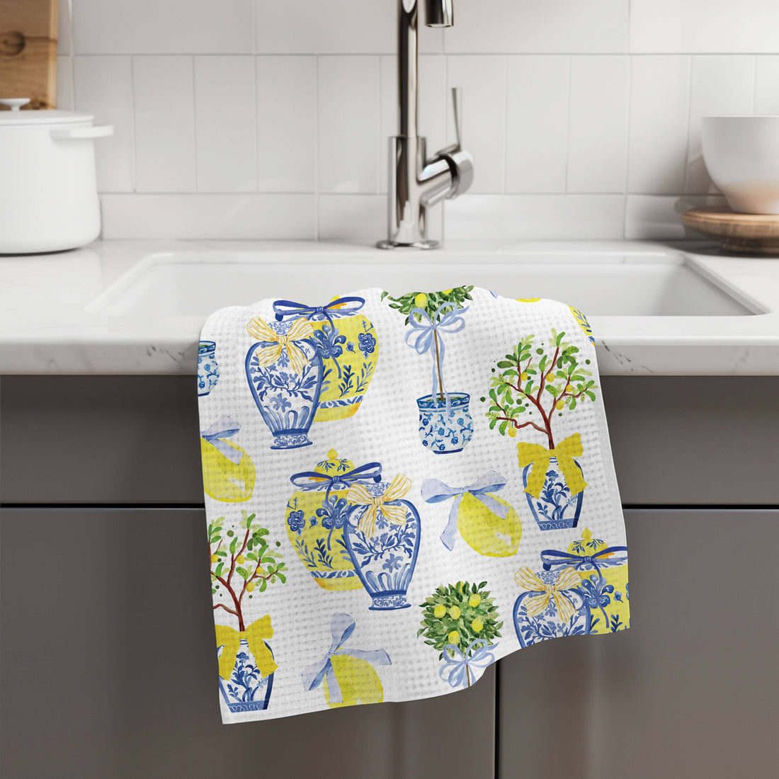Lemon Chinoiserie Citrus Summer Fruit Kitchen Towel Waffle