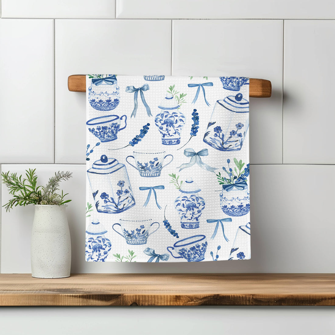 Chinoiserie Floral Kitchen Towel Vase Blue White Spring Bow