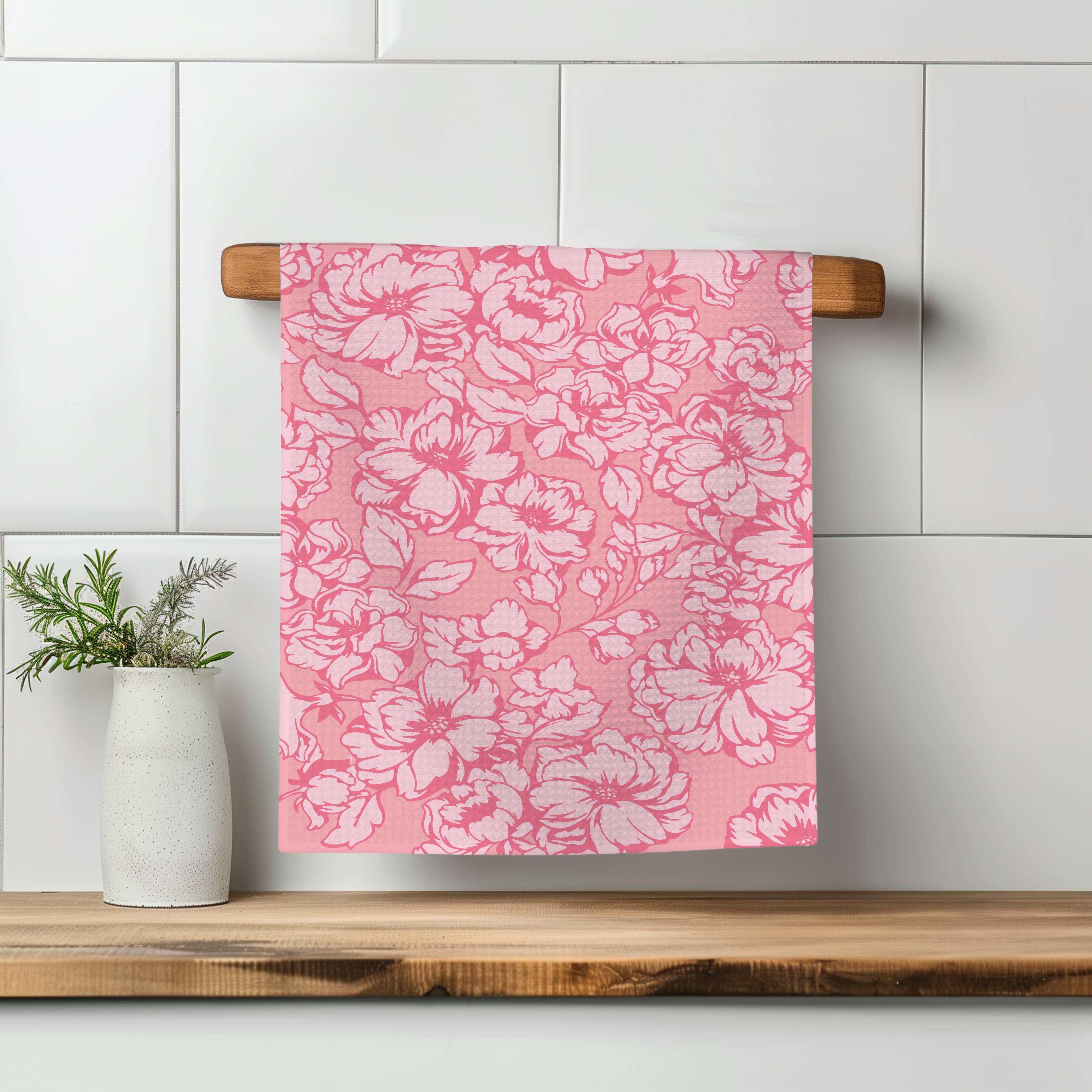 Chinoiserie Floral Kitchen Towel Vase Pink Spring Flower