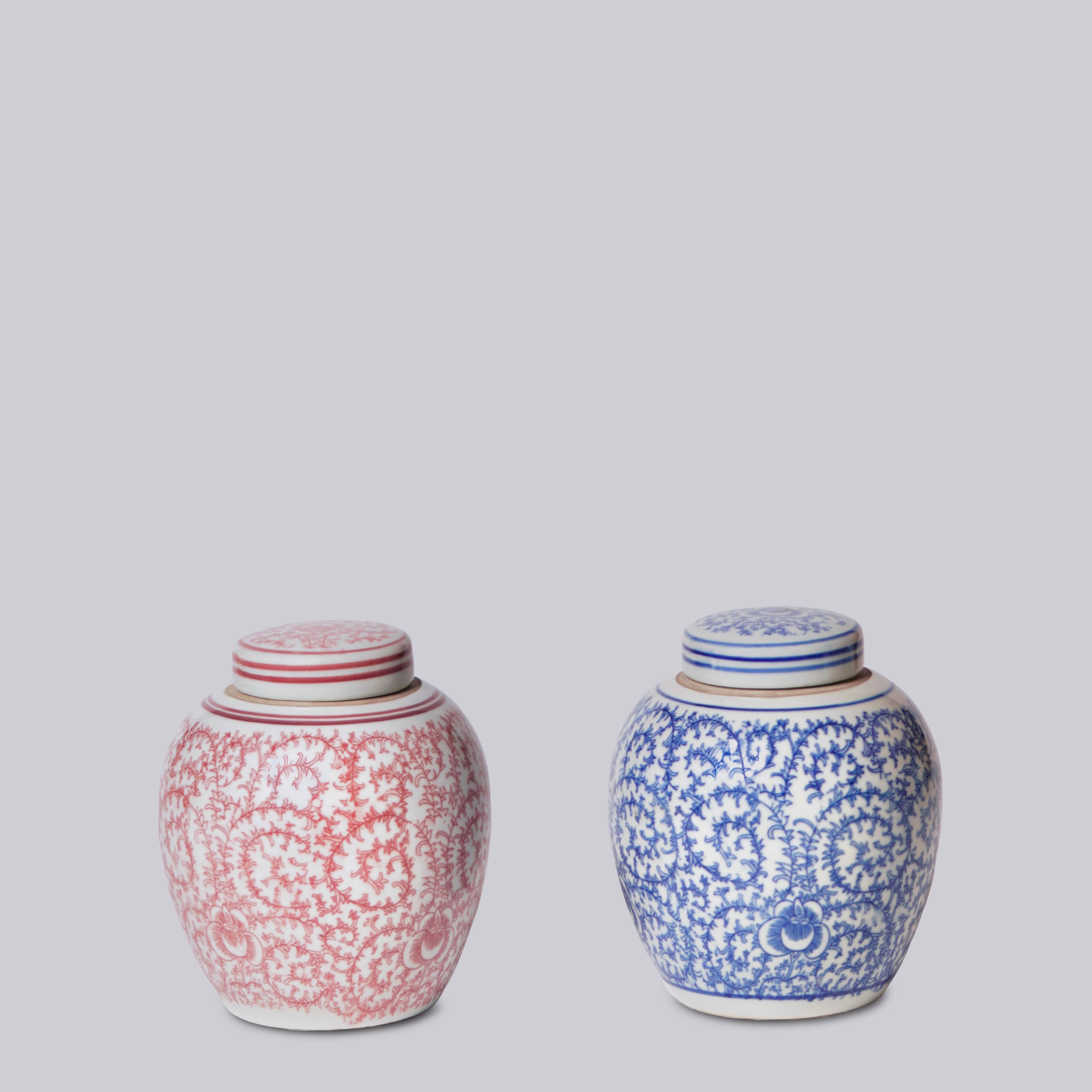Red and White Porcelain Scrolling Peony Round Jar