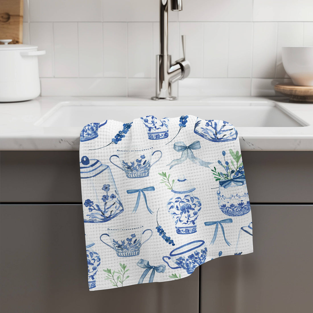 Chinoiserie Floral Kitchen Towel Vase Blue White Spring Bow
