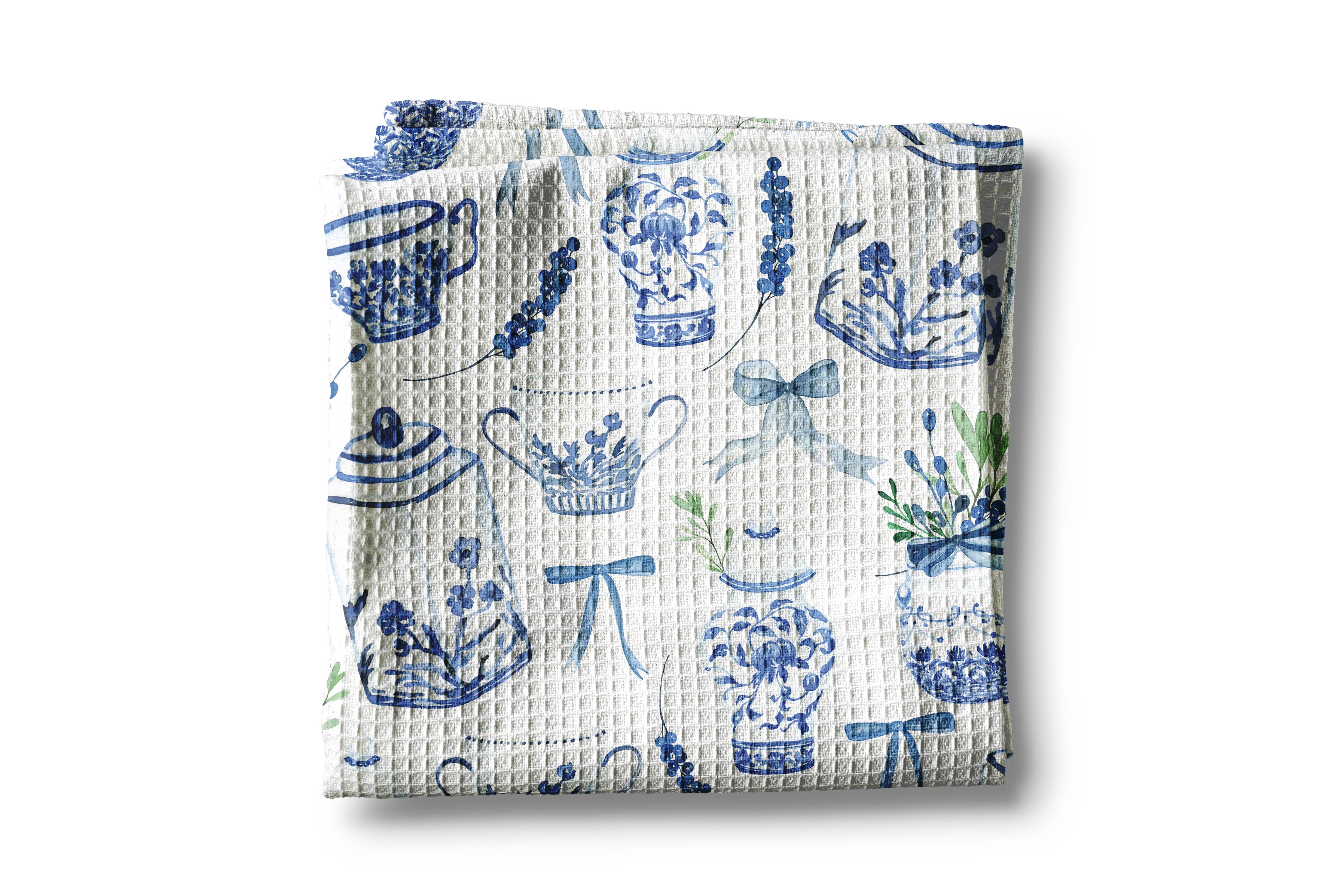 Chinoiserie Floral Kitchen Towel Vase Blue White Spring Bow