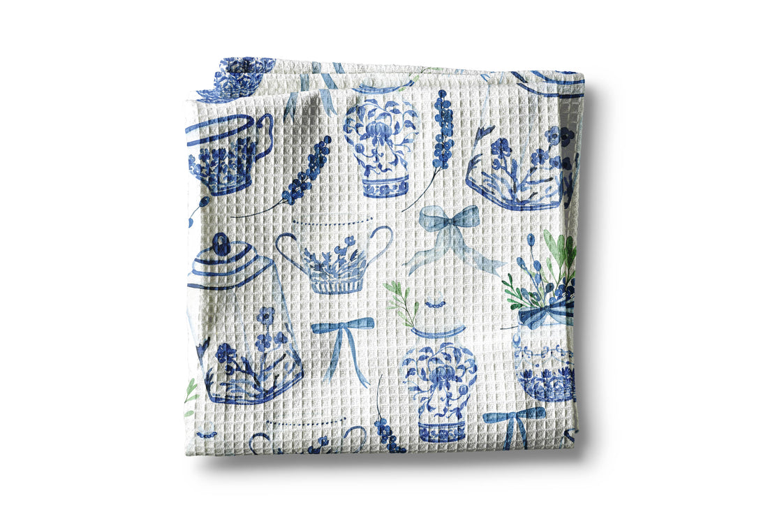 Chinoiserie Floral Kitchen Towel Vase Blue White Spring Bow