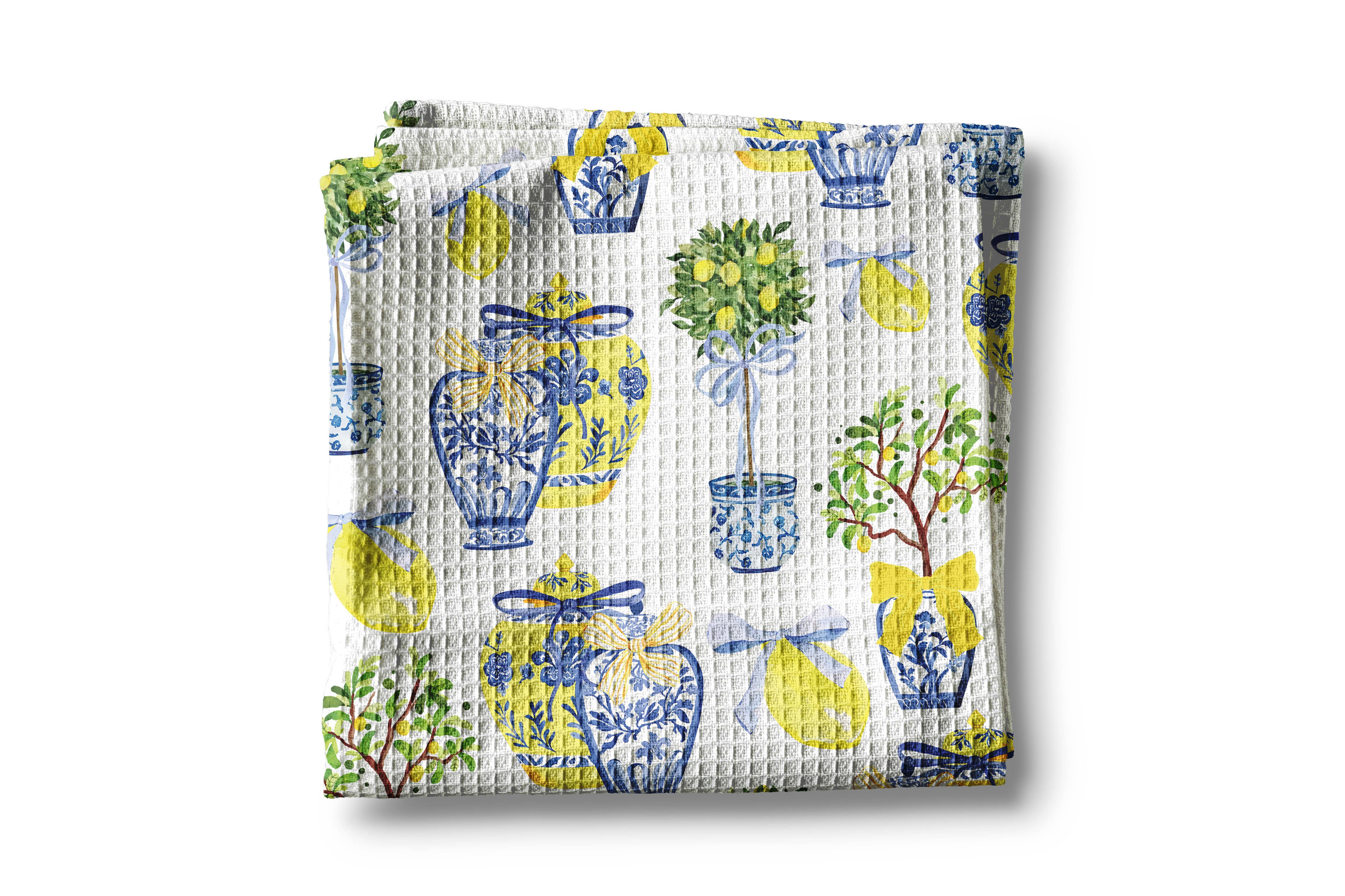Lemon Chinoiserie Citrus Summer Fruit Kitchen Towel Waffle