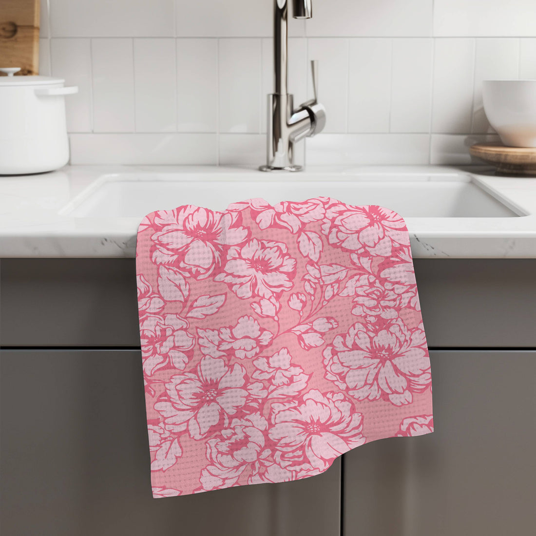 Chinoiserie Floral Kitchen Towel Vase Pink Spring Flower