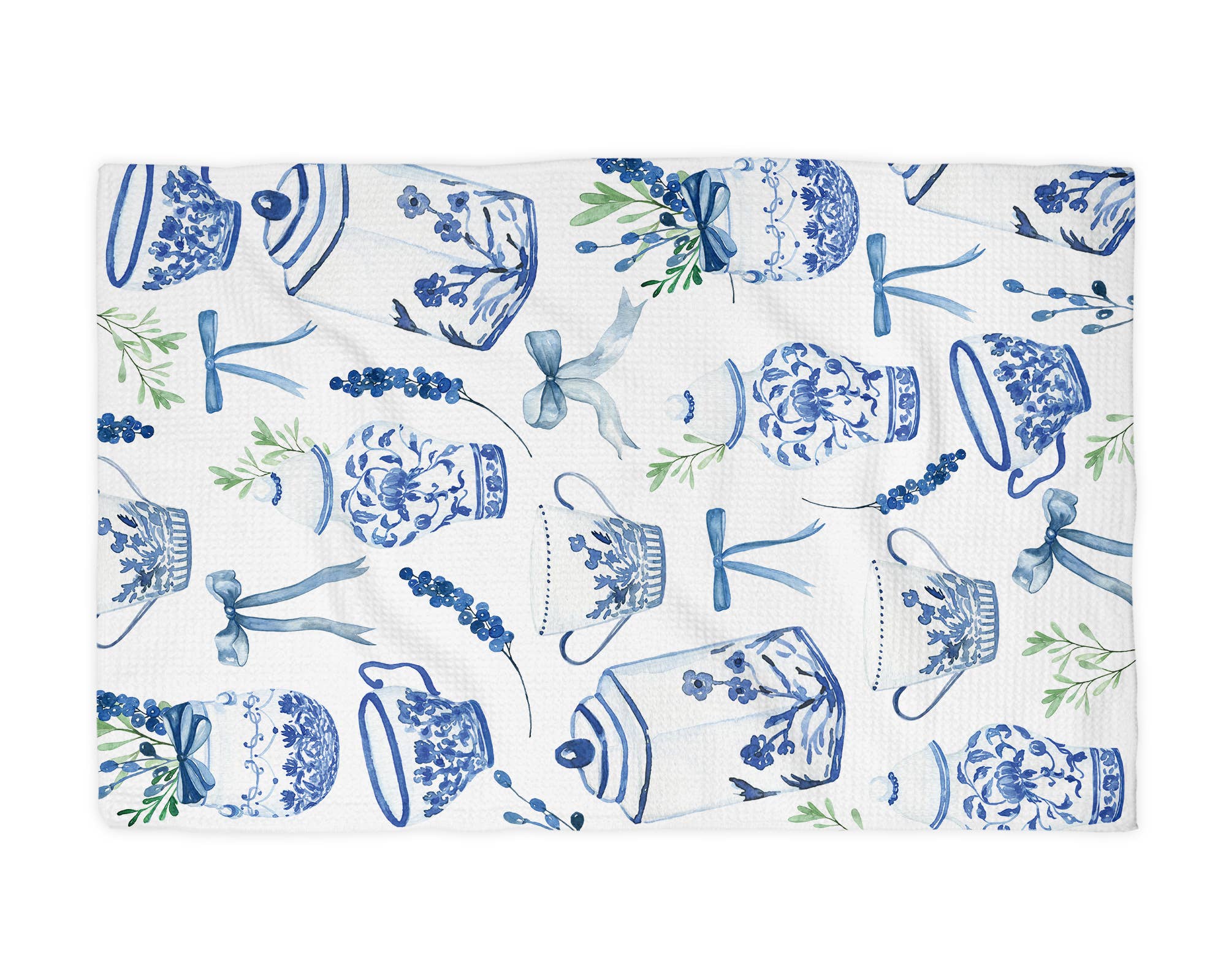 Chinoiserie Floral Kitchen Towel Vase Blue White Spring Bow
