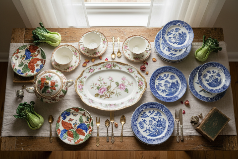Vintage and antique items. Rose Canton, Bok Choy, Blue Willow, Tobacco Leaf